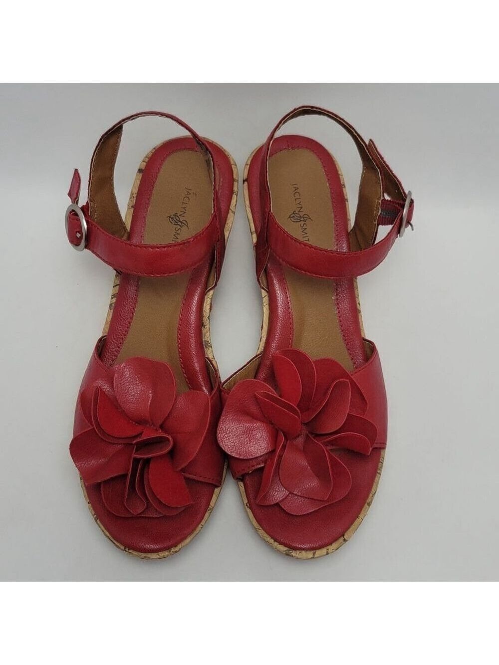 Women's Jaclyn Smith Red Faux Leather Flower Cork Wedge Sandals Size 7M - Picture 3 of 14